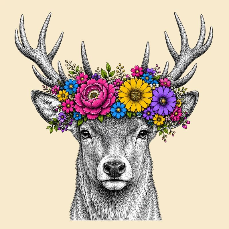 Portrait de cerf en forme de couronne florale