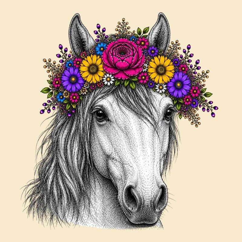 Pferd mit Blumenkranz