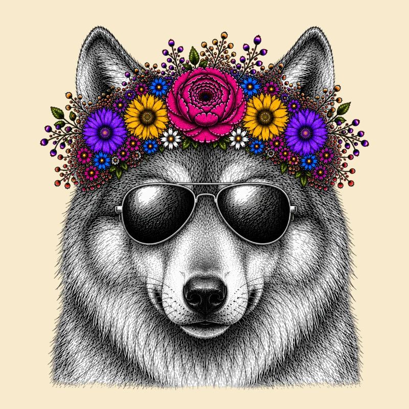 Loup avec une couronne de fleurs et des lunettes de soleil