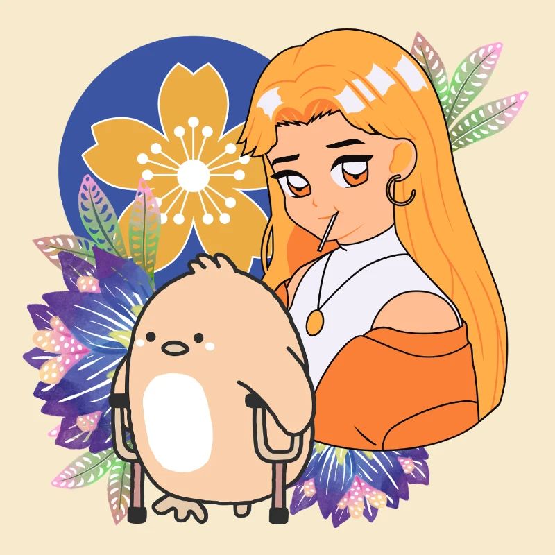 Anime-Mädchen und Vogel mit Krücken-Kunst