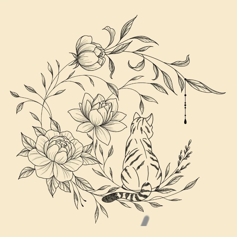 Chat assis sur une lune florale, composition flora