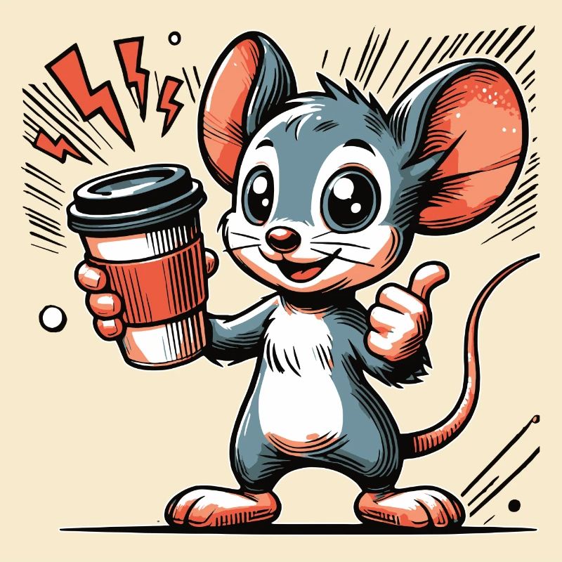 Dessin animé d’une souris joyeuse avec du café