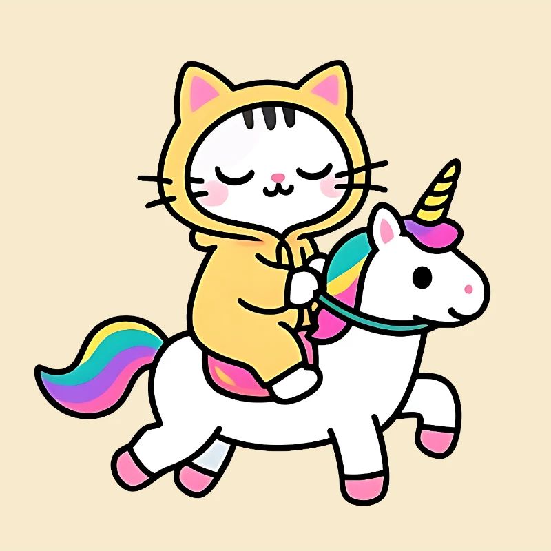 Chat sur une licorne arc en ciel