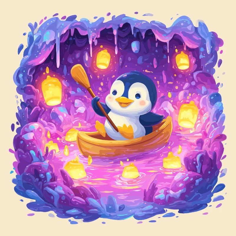 Leuchtender Pinguin im Höhlenboot