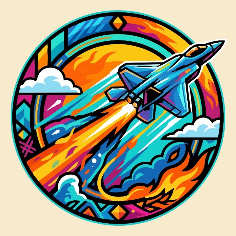 Neon Nozzles Jet in Fire Circle Retro Space Rocket