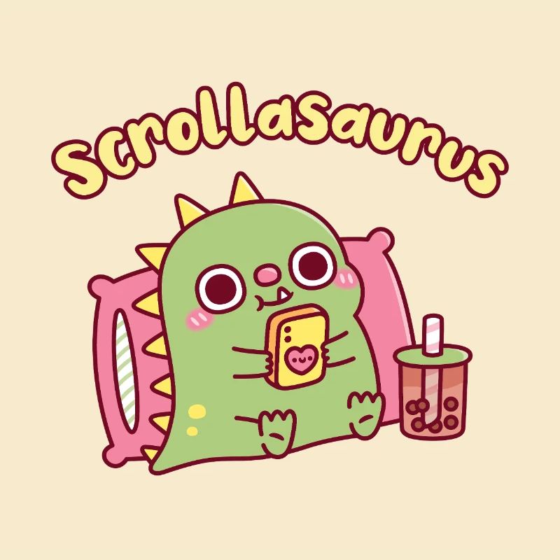 Niedlicher Scrollasaurus-Dinosaurier scrollt auf dem Handy