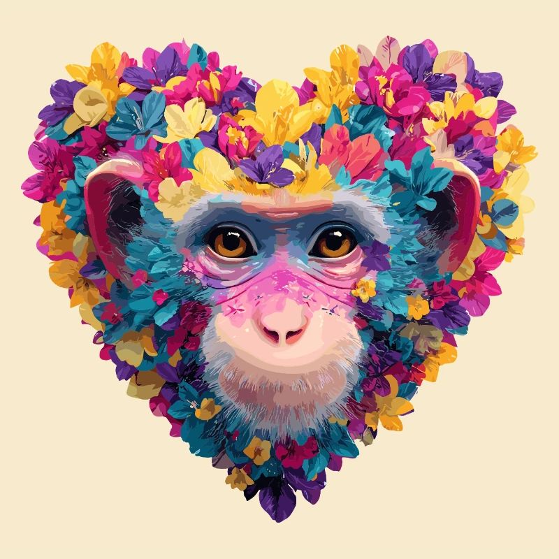 Jeu de couleurs cœur de singe avec guirlande de fleurs