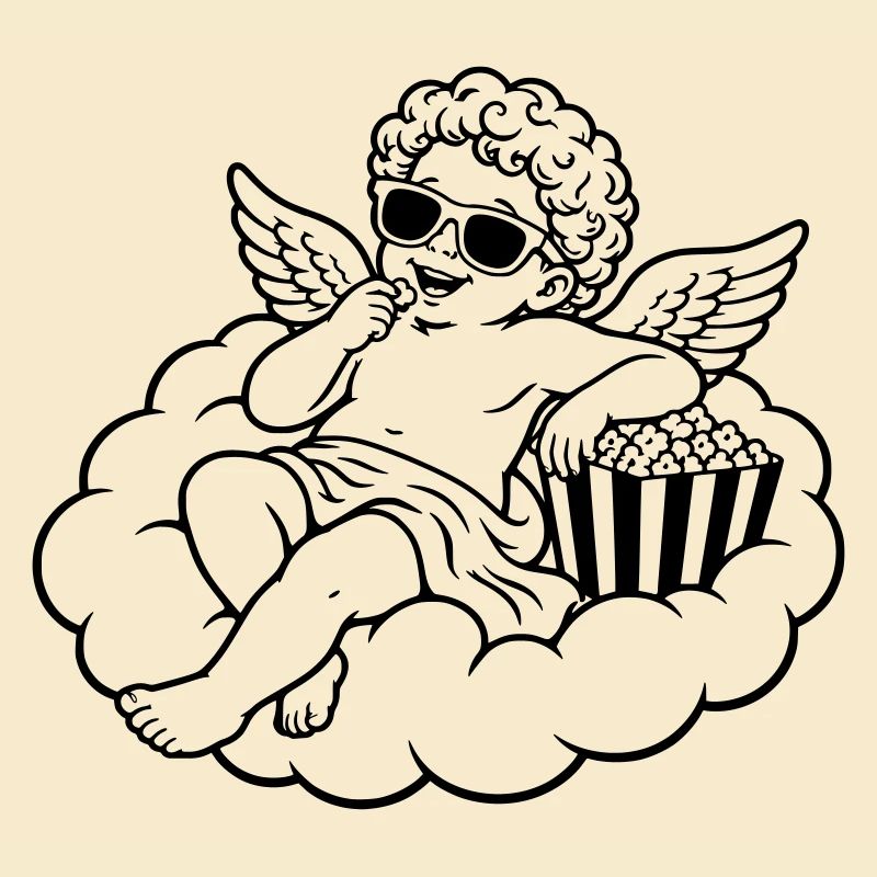 Un chérubin frissonne avec du pop-corn sur un nuage