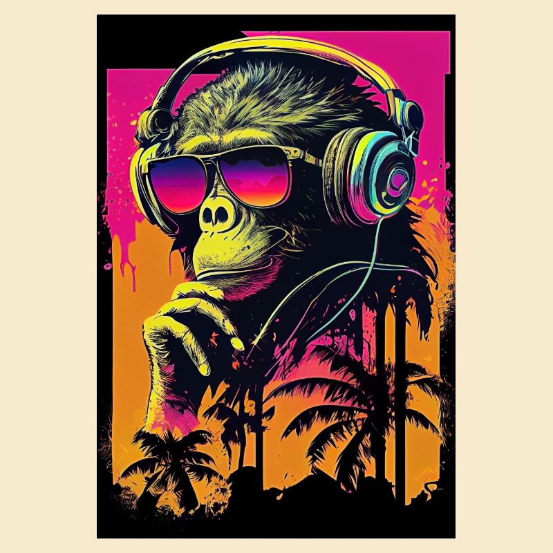 Synthwave Retro Affe mit Sonnenbrille und Musik