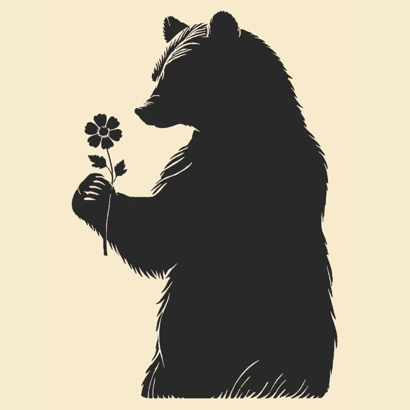 Sanfter Bär mit Blume in der Hand–Silhouetten-Stil