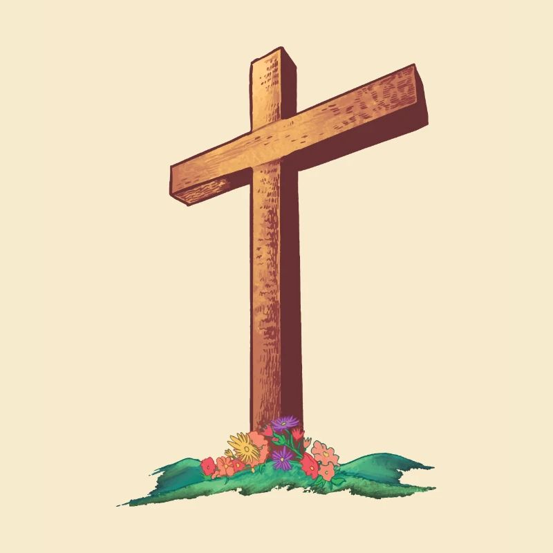 Croix chrétienne avec des fleurs sur une colline