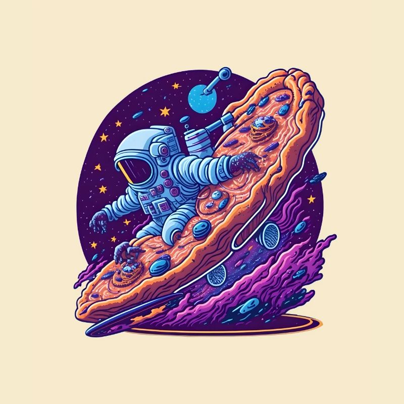 Un astronaute chevauchant une pizza dans l’espace