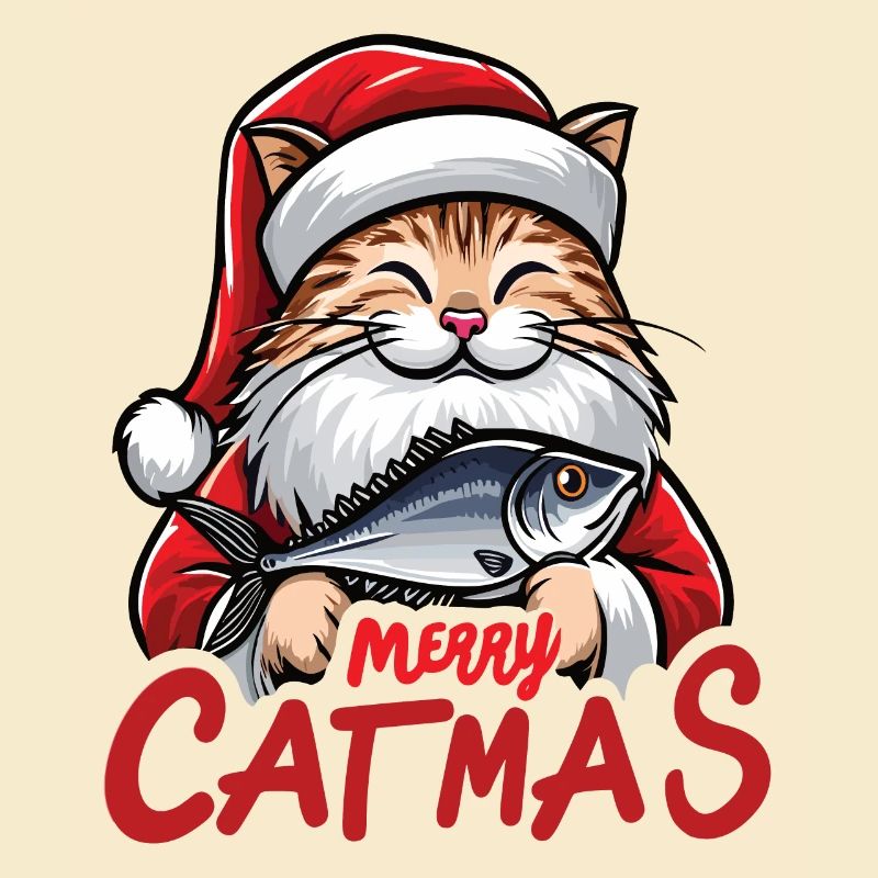 Fette Katze als Weihnachtsmann mit Thunfisch, Merry Catmas
