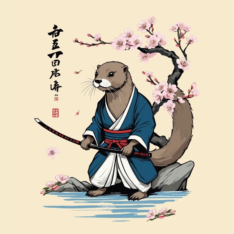Mignon samouraï loutre fleur de cerisier Ukiyo-E Design