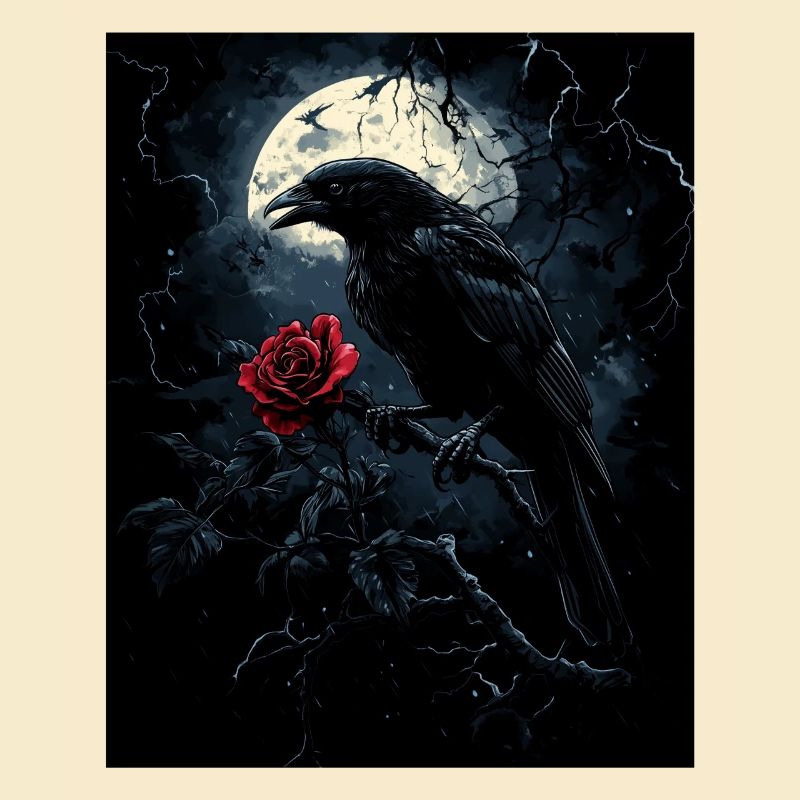 Rabe Rose Mond Düster Gothic Schwarze Krähe