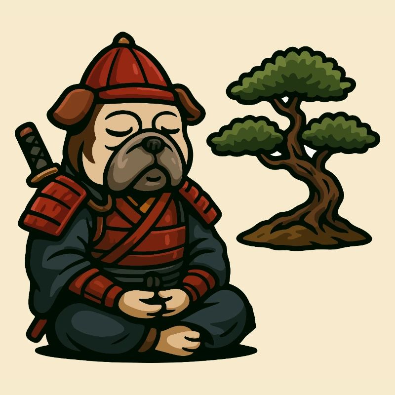 Bulldog Samurai Meditating with Bonsai Tree
