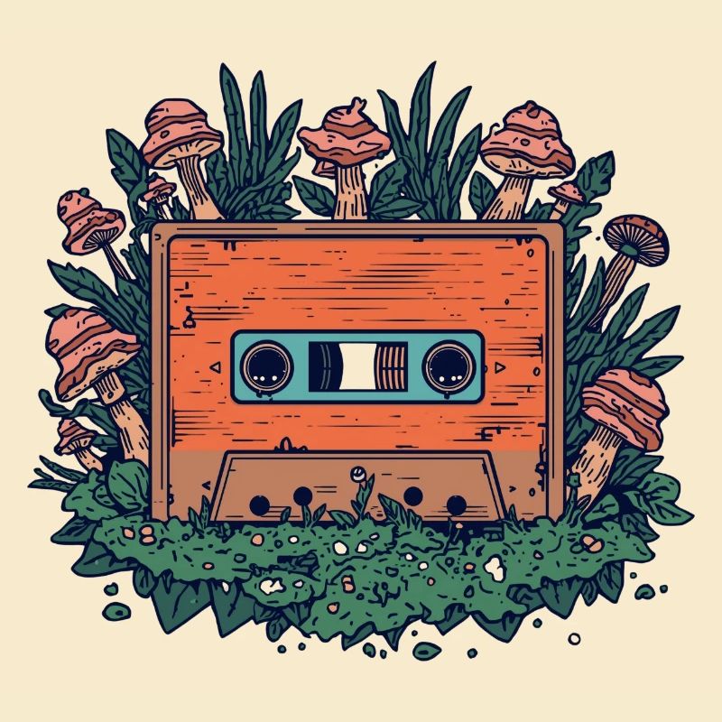 Retro cassette and forest mushrooms