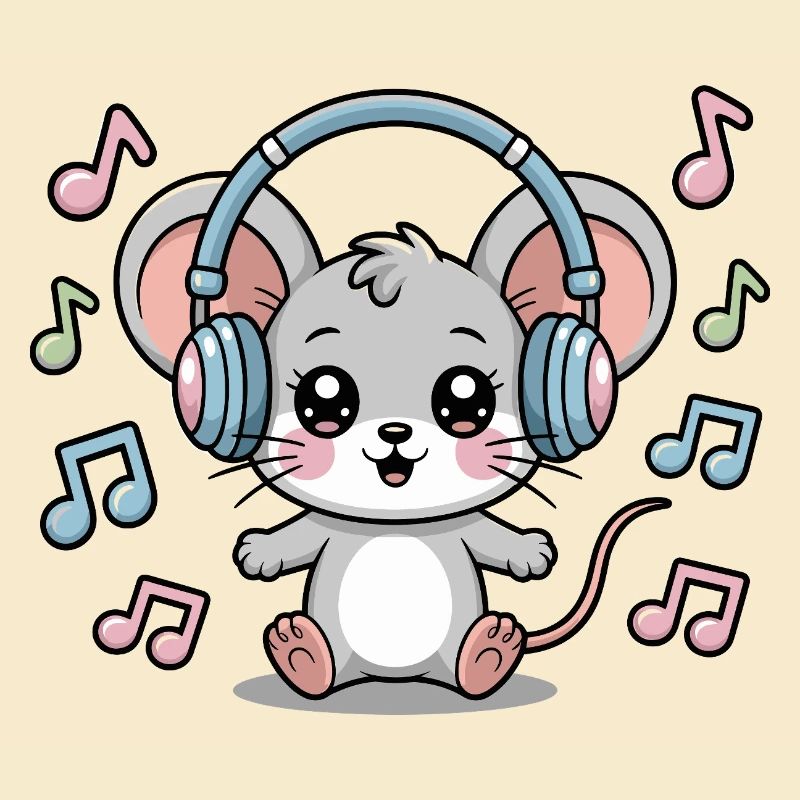 Cute mouse with headphones and music notes