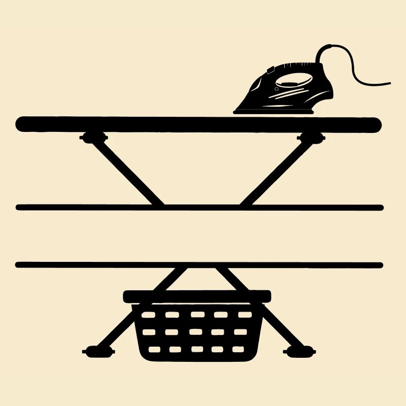 Fer à repasser, planche à repasser et panier à linge, bannière de texte