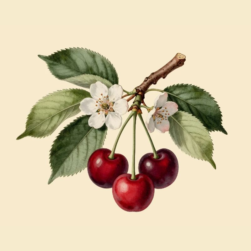 Gravure cerises et fleurs botaniques