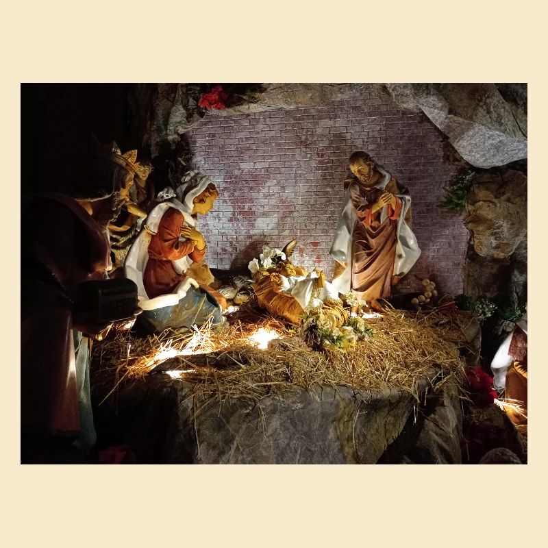 Illuminated Nativity Scene between Stones