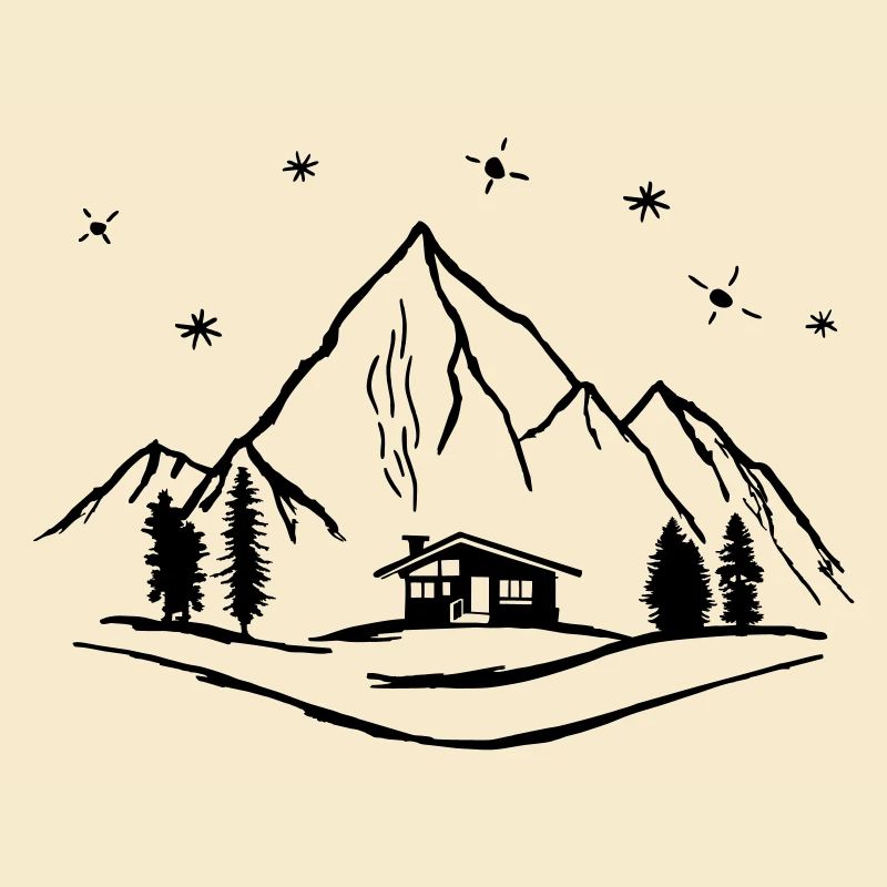 Montagnes, cabane et forêt avec ciel étoilé