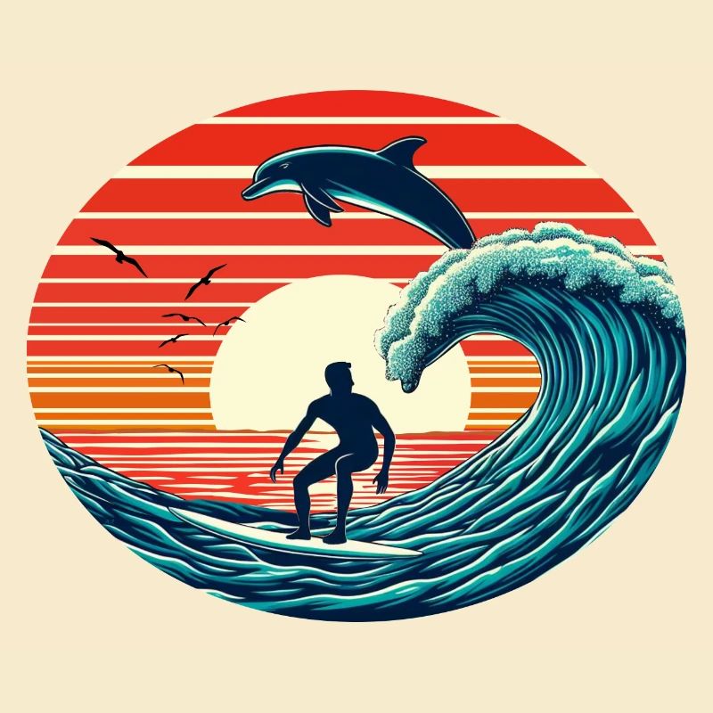 Surfeur avec dauphin au coucher du soleil