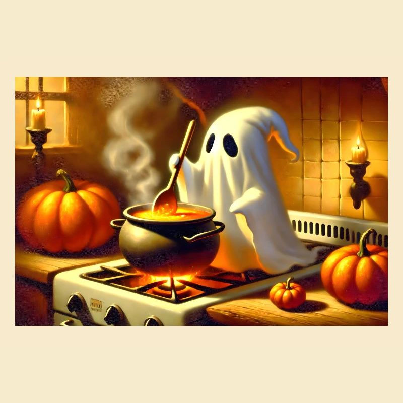 Ghost se tient devant la cuisinière et prépare de la soupe à la citrouille