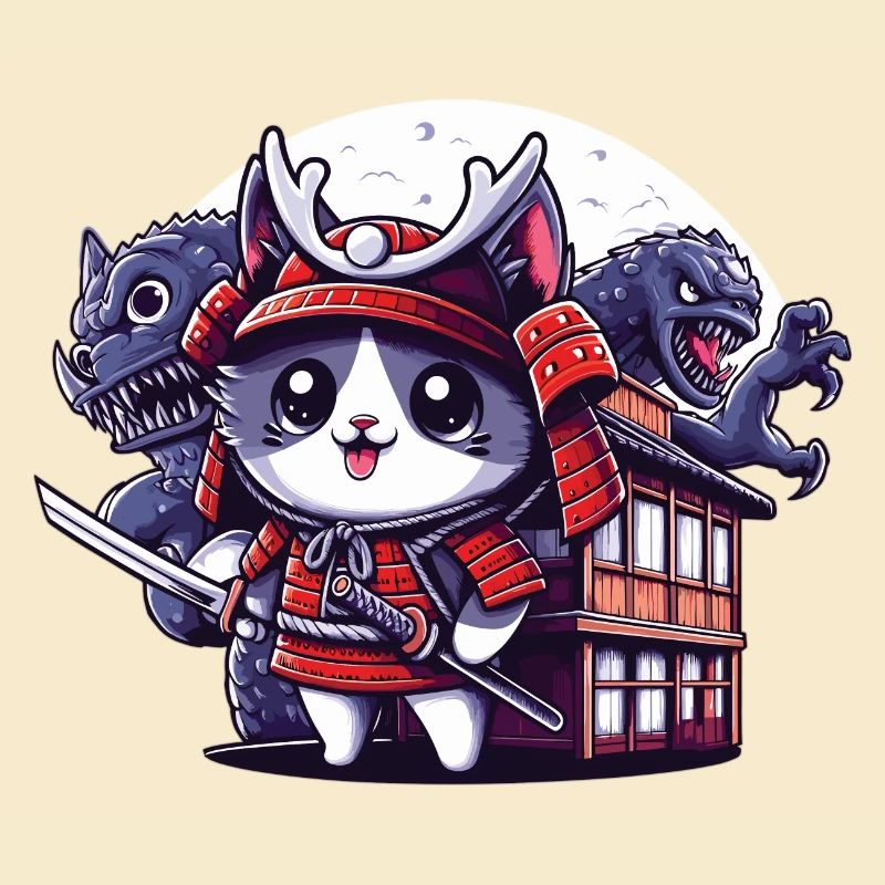 Samurai-Ninja-Katze hinter Monster und Dojo