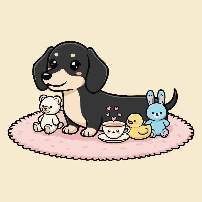 Dackel schwarz mit Kuscheltieren