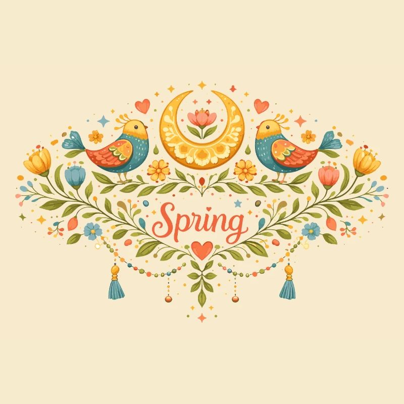 Spring ornament with flowers, birds and moon