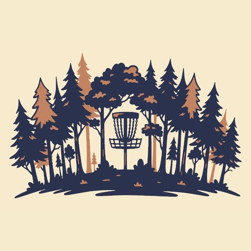 Disc-Golf-Szene Wald-Korb-Silhouette