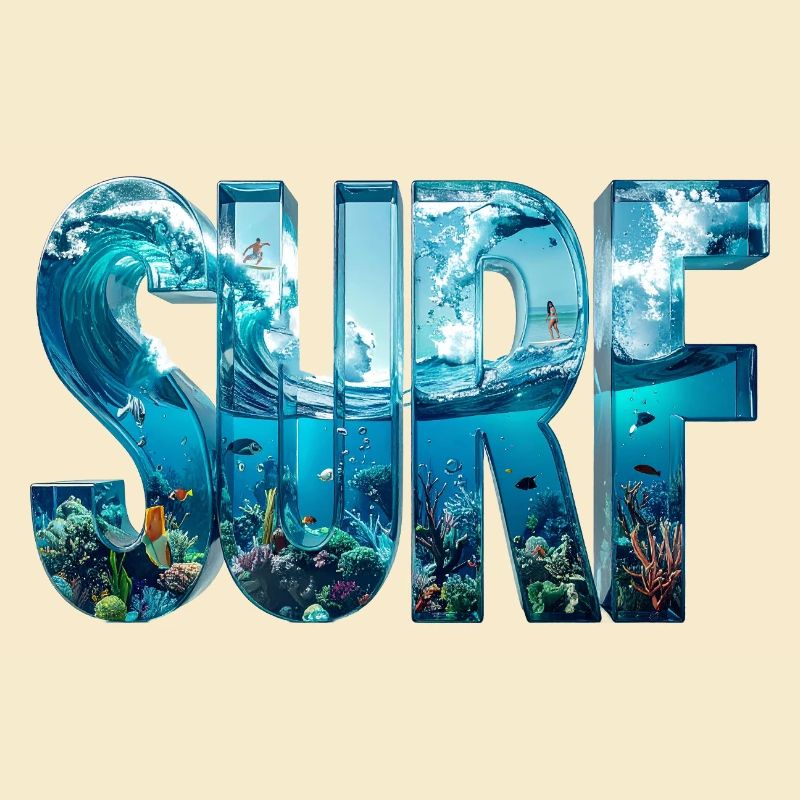 SURF – 3D Water Letters with Surfers & Fish