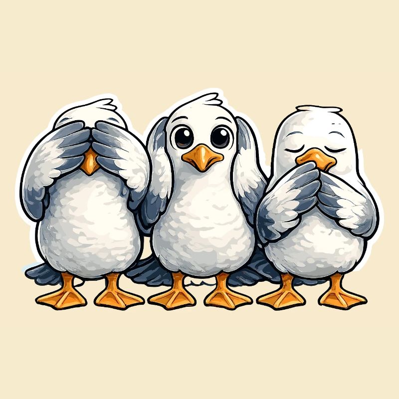 Three seagulls see nothing hear nothing say nothing