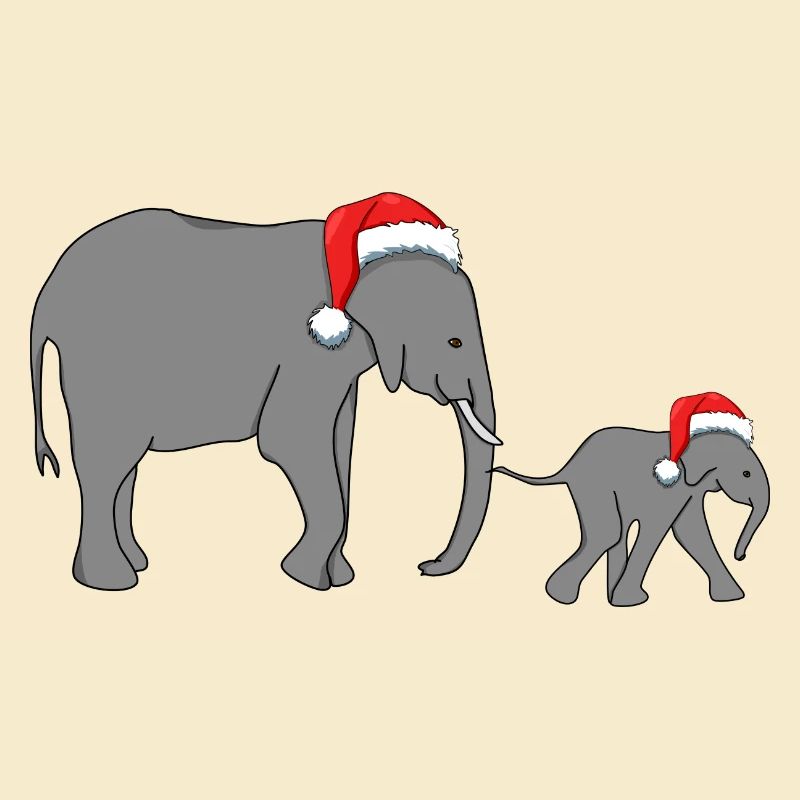 Éléphant mère et enfant avec chapeau de père Noël