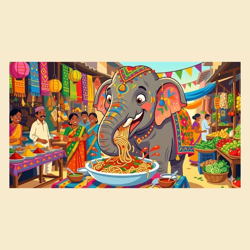 Art drôle de l’éléphant mangeant des spaghettis
