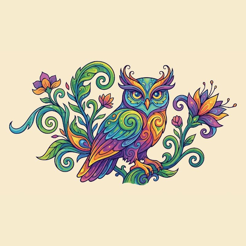 Farbenfrohe Eule im Baum mit Blüten Ornamenten
