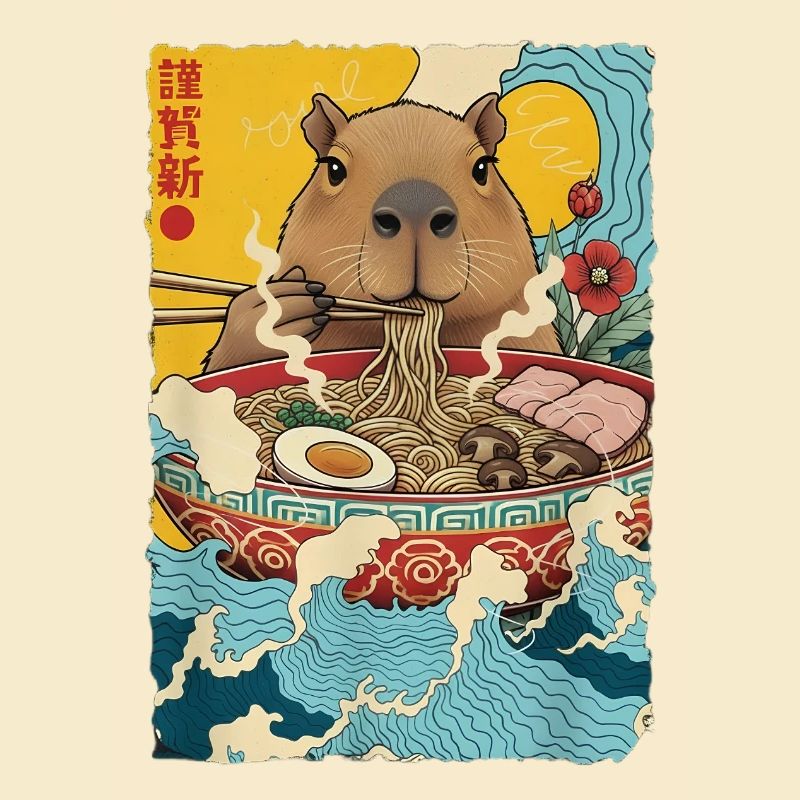 Capybara mange des nouilles ramen