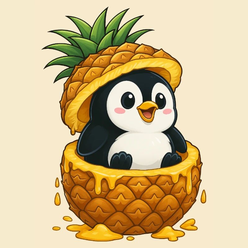 Cute Penguin Cartoon Pineapple Fruit Whimsical