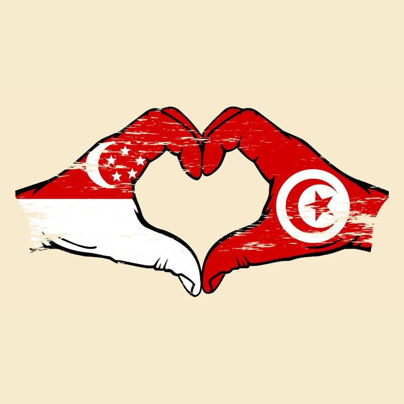 Singapour Tunisie drapeau mains forme coeur utilisé