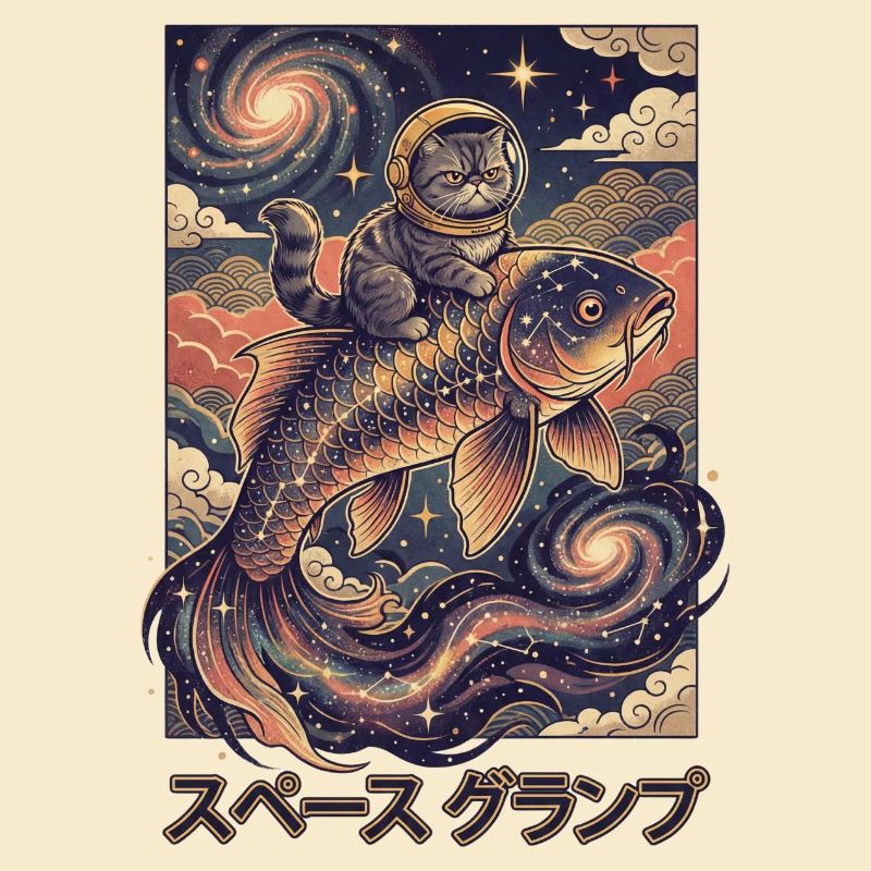 Astronaut cat on cosmic koi