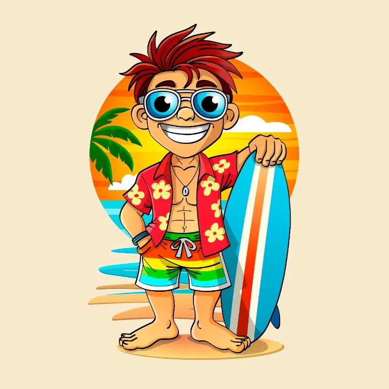 Surfeur joyeux avec une planche de surf sur la plage.