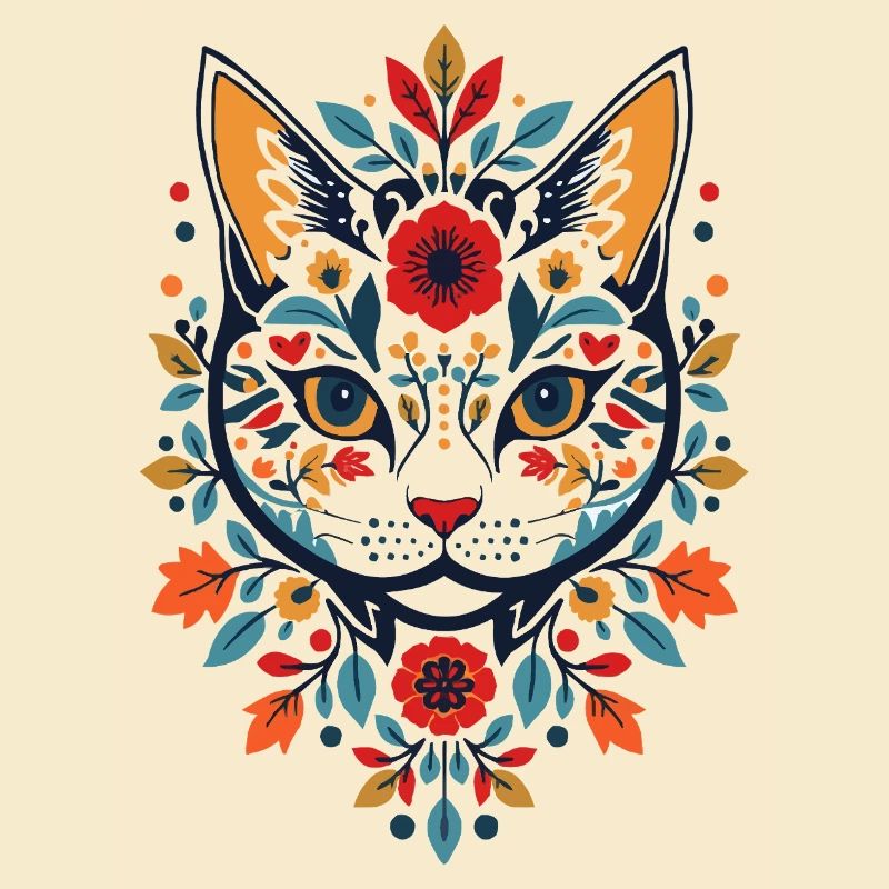 Chat fleur dans le style folklorice