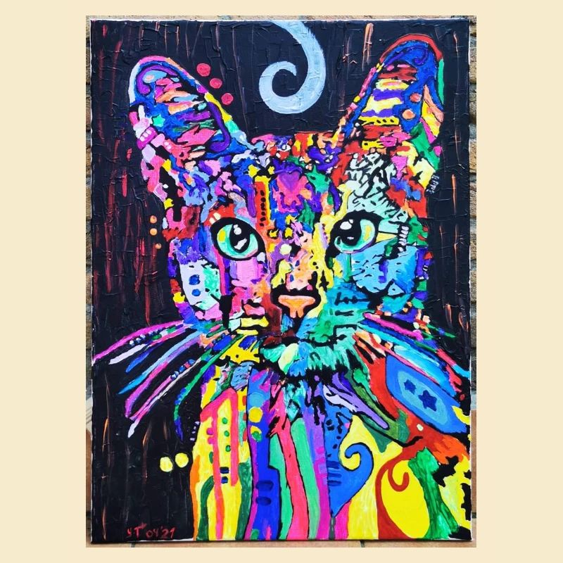 Cat Portrait with Psychedelic Design Pop Art