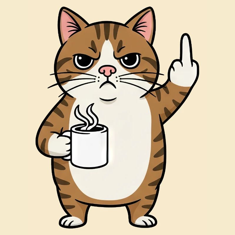 Genervte Katze mit Kaffee und Mittelfinger Cartoon