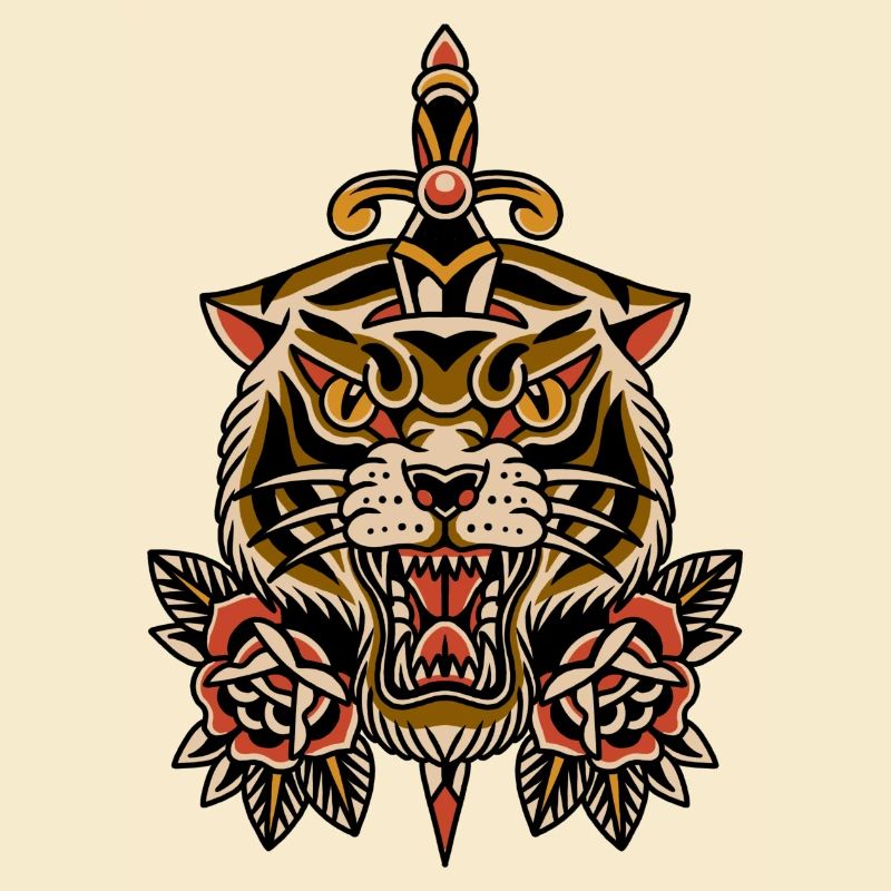 Conception de tatouage à l’ancienne épée de tigre roses