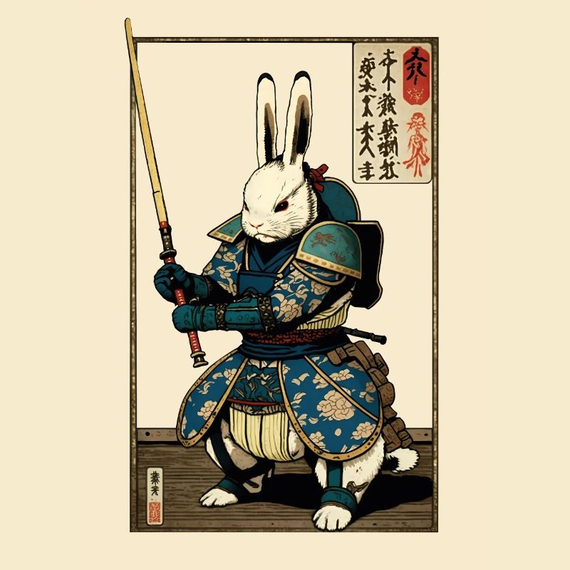 Lapin japonais en armure de samouraï de style ukiyo-e