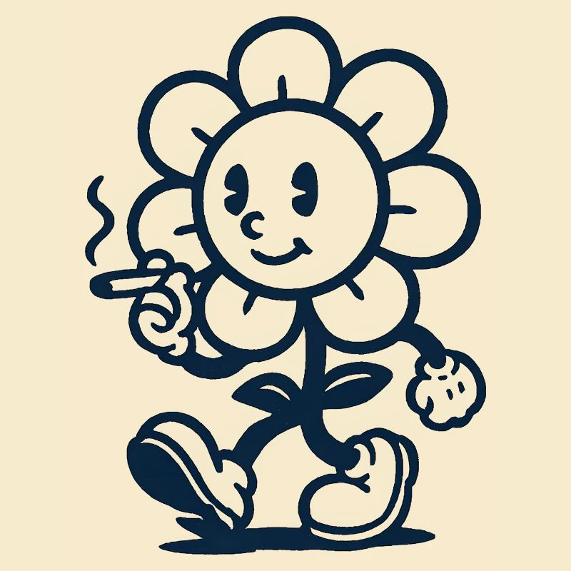 Retro Blumen Maskottchen mit Zigarette Zeichnung