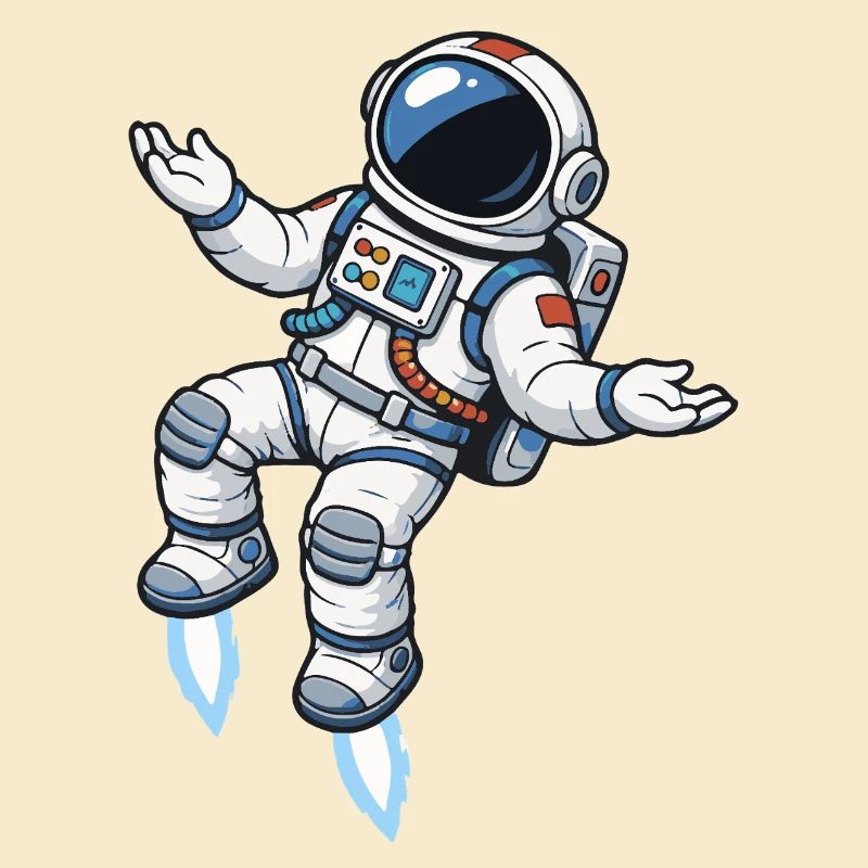 Schwebender Comic Astronaut mit Raketenantrieb