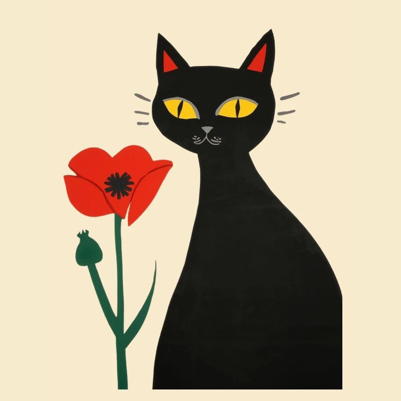 Chat noir avec des coquelicots